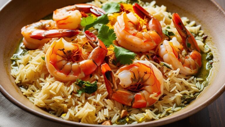 A vibrant plate of gluten-free prawn biryani garnished with fresh coriander.