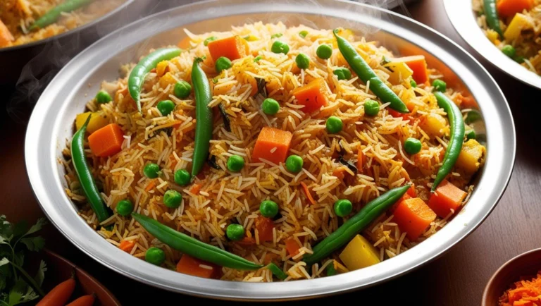 A bowl of gluten-free chicken biryani garnished with coriander, fried onions, and lemon slices