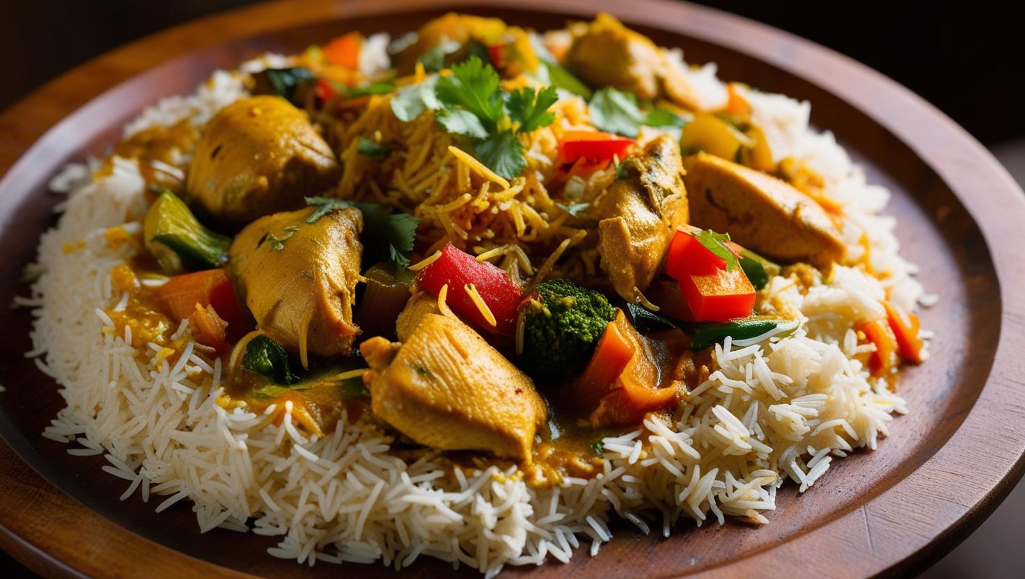 Gluten-free chicken biryani in a serving dish